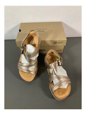 Clarks Women's Brynn Step Wedge Sandals 6.5 Metallic Rose Gold Leather Comfort F